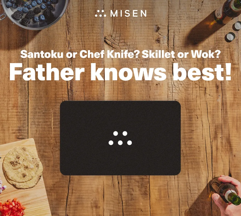 Santoku or Chef's Knife? Stainless or Nonstick? Only Mom knows! Get a digital gift card. Misen gift card GIF.