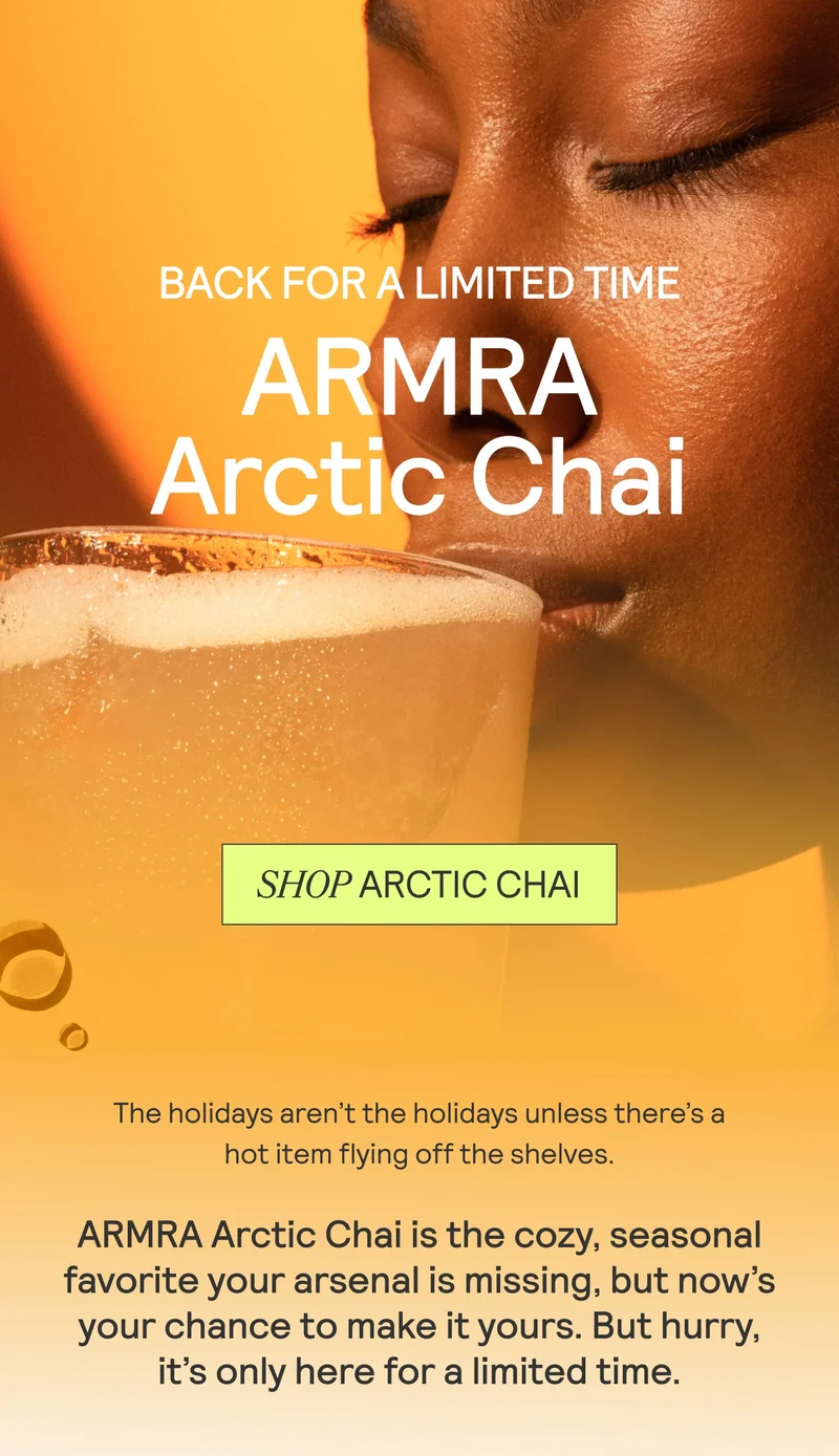 Person sipping a foamy drink with text promoting the return of ARMRA Arctic Chai.