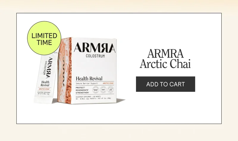 ARMRA Arctic Chai colostrum packets and box with an ‘Add to Cart’ button.
