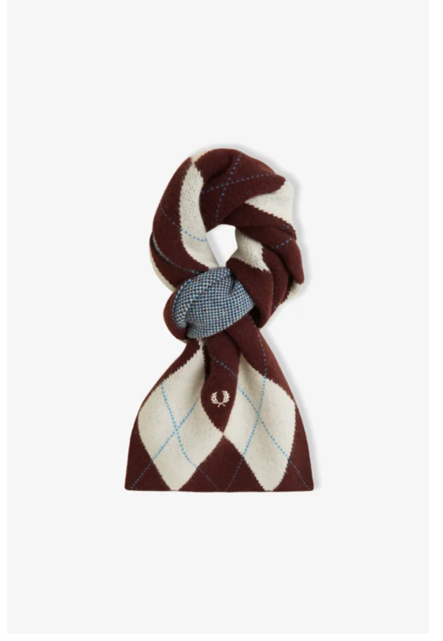 argyle print scarf in burgundy and ecru