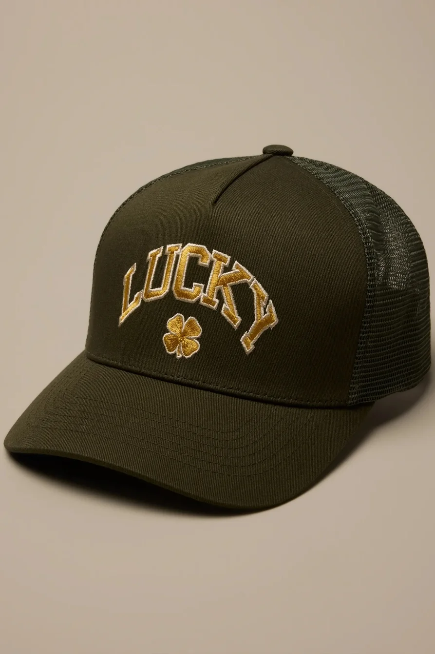 Image of Lucky Brand Clover Trucker Hat - Men's Clothing Outerwear Jean Denim Jackets in Green