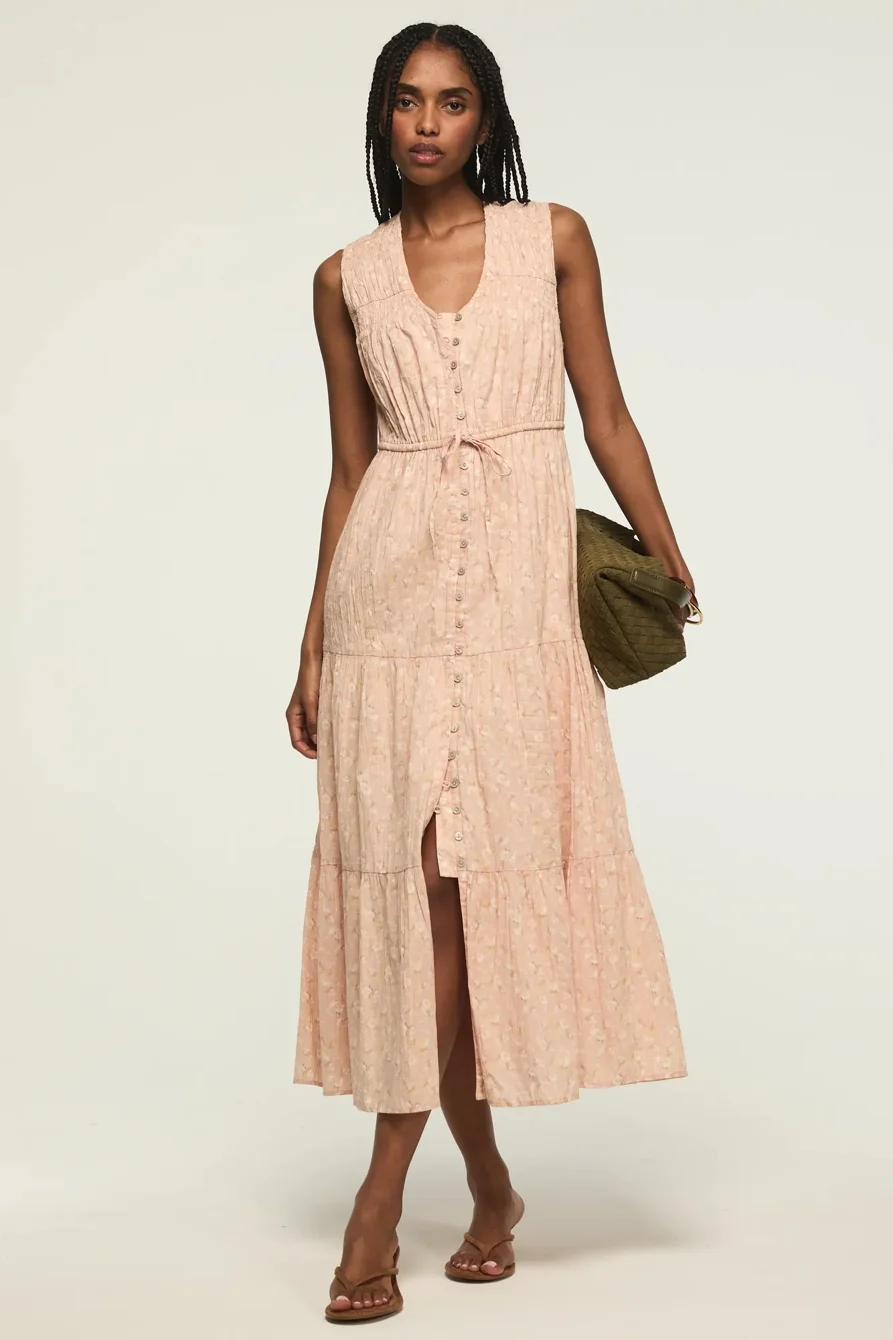 Image of Lucky Brand Crinkle Tiered Midi Dress - Women's Clothing Dresses Shirt Midi Dress in Blush Floral