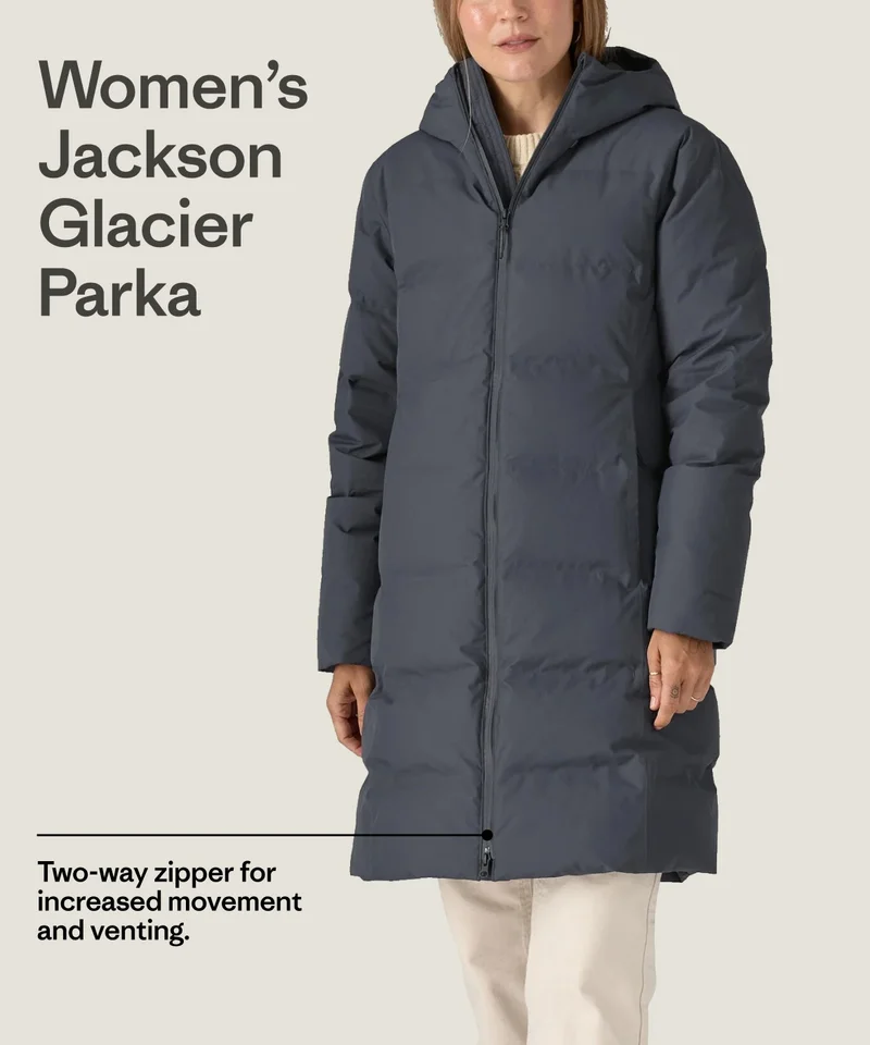 Women’s Jackson Glacier Parka. Two-way zipper for increased movement and venting.