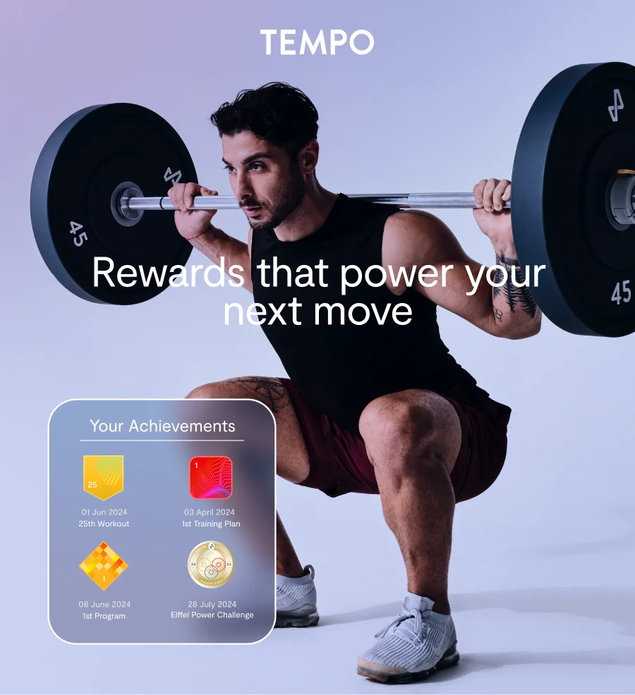 preview of Tempo coach working out with text: "Rewards that power your next move"
