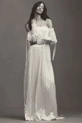 Daughters of Simone Luca Off-The-Shoulder Lace Pleated Silk Wedding Gown
