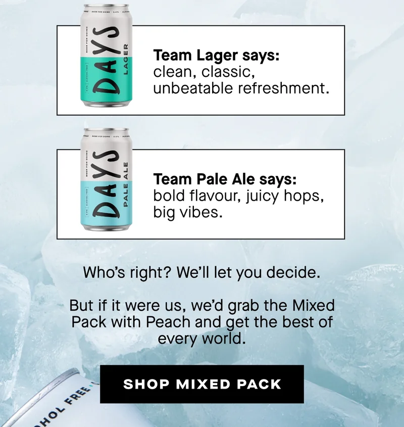 Team Lager says: clean, classic, unbeatable refreshment.  Team Pale Ale says: bold flavour, juicy hops, big vibes.  Who’s right? We’ll let you decide.  But if it were us, we’d grab the Mixed Pack with Peach and get the best of every world.