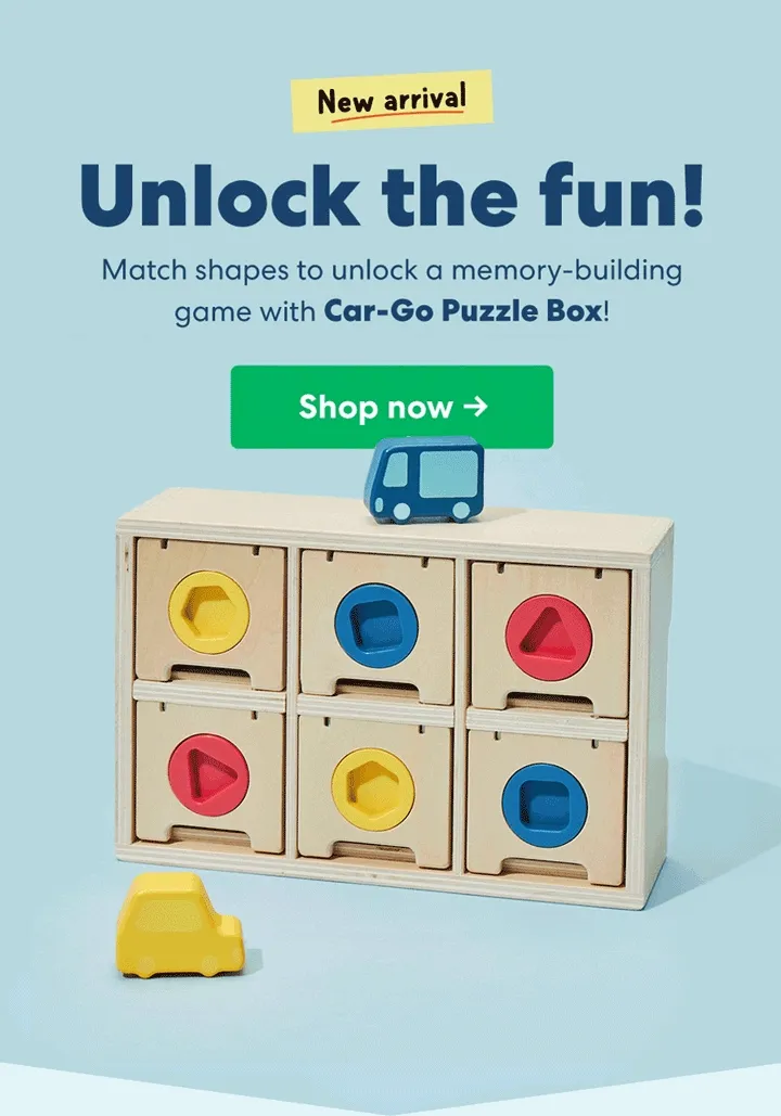 New arrival Unlock the fun! Match shapes to unlock a memory-building game with Car-GO Puzzle BOX!