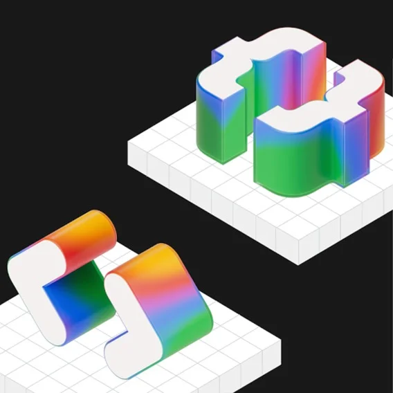 Abstract 3D shapes, resembling quotation marks or puzzle pieces, are rendered in a colorful gradient of pink, orange, yellow, green, and blue. They are placed on white, gridded platforms against a dark background, suggesting a digital or conceptual design.