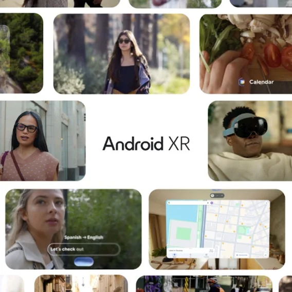 The image shows a collage with Android XR in the center. Surrounding it are smaller images of people interacting with the technology.