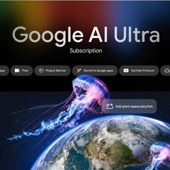 A digital illustration shows a glowing jellyfish with pink and blue tendrils floating above planet Earth. In the background, Google AI Ultra Subscription text is visible with several blurred icons, including Flow, Project Mariner, Gemini, and YouTube Premium.