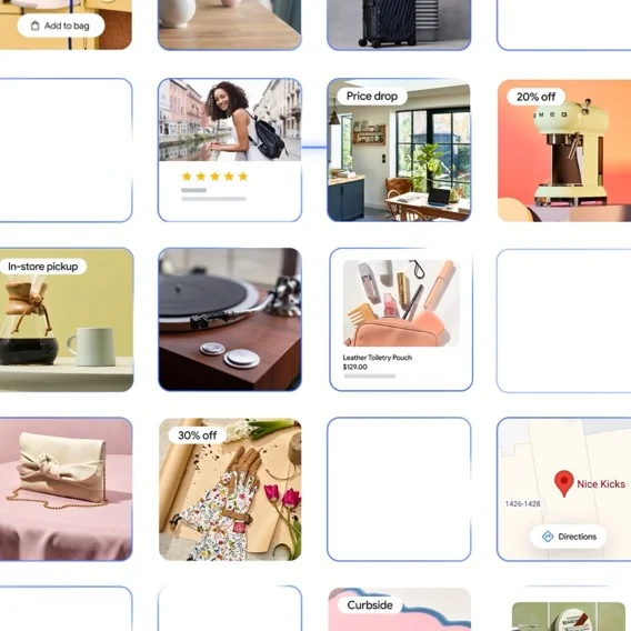 A grid of product images displays various items. One shows a person with a five-star rating, another a yellow coffee maker with 20% off, and another a leather travel pouch. Other squares feature a turntable, a purse, and a map location.
