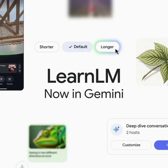 The central part of the image displays LearnLM Now in Gemini with selected length options: Shorter, Default, and Longer. Surrounding elements include a partial image of a wooden structure, a drawing of a green leaf, and a green lizard.