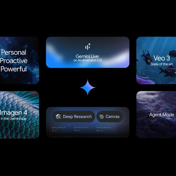 The image shows a dark background with a series of rectangular sections. The section in the center-top features the text Gemini Live, or Android and iOS. Surrounding sections include text like Personal, Proactive, Powerful, Veo 3, Imagen 4, Deep Research, Canvas, and Agent Micro. A four-pointed star is in the center.