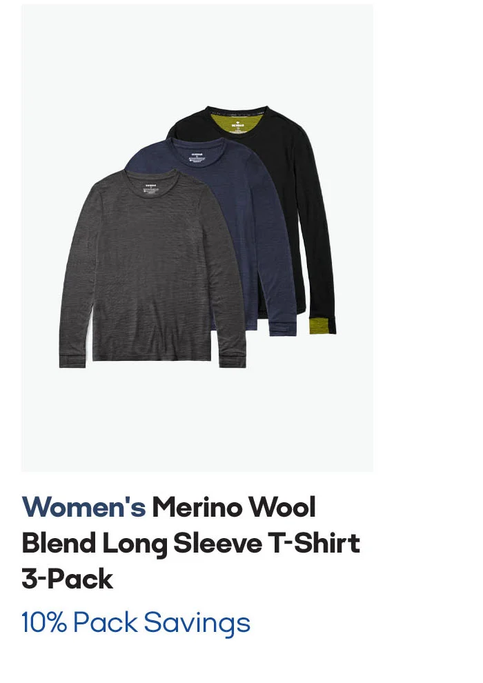 WOMEN'S MERINO WOOL BLEND LONG SLEEVE T-SHIRT 3-PACK | 10% PACK SAVINGS