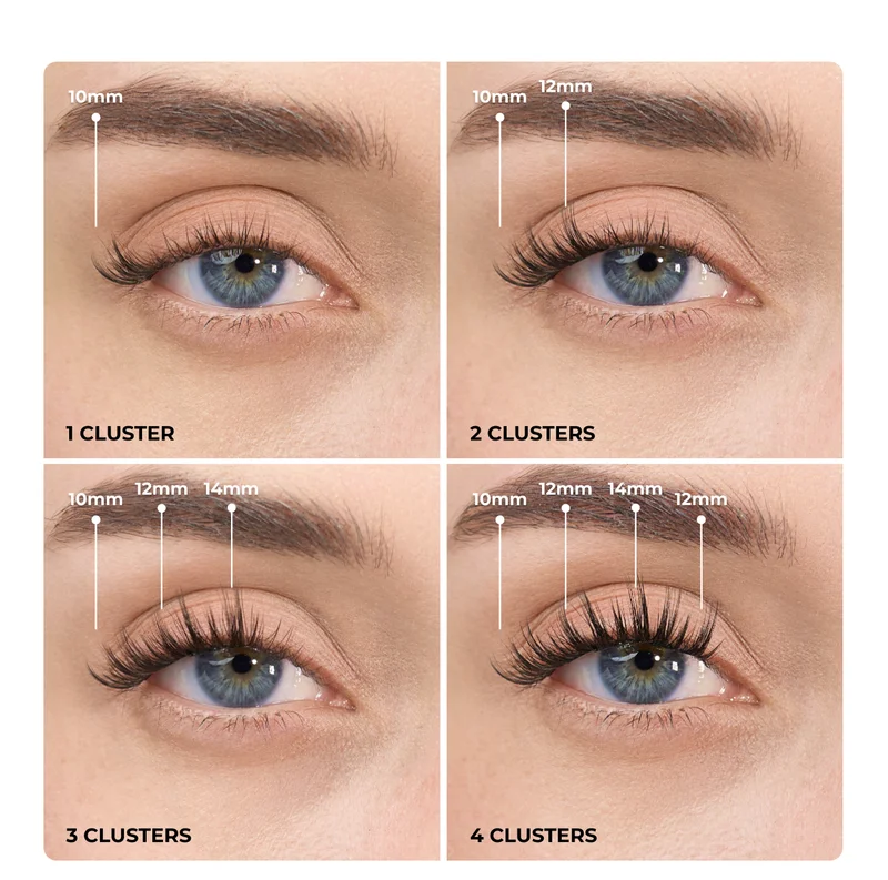 Lash mapping guide showing how to build volume with 1, 2, 3, or 4 Cry Baby lash clusters using different lengths.