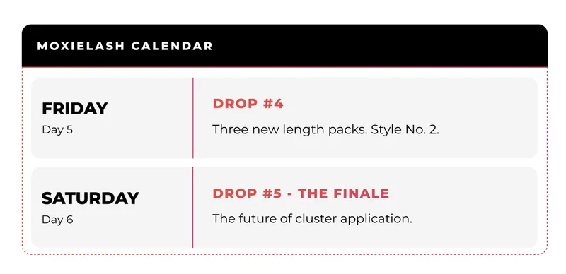 MoxieLash Cluster Week calendar showing upcoming drops including new length packs and the finale launch.
