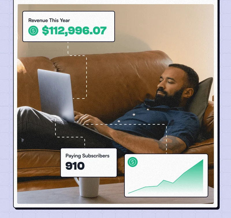 Image of a male content creator working on his sofa with his earnings overlaid.