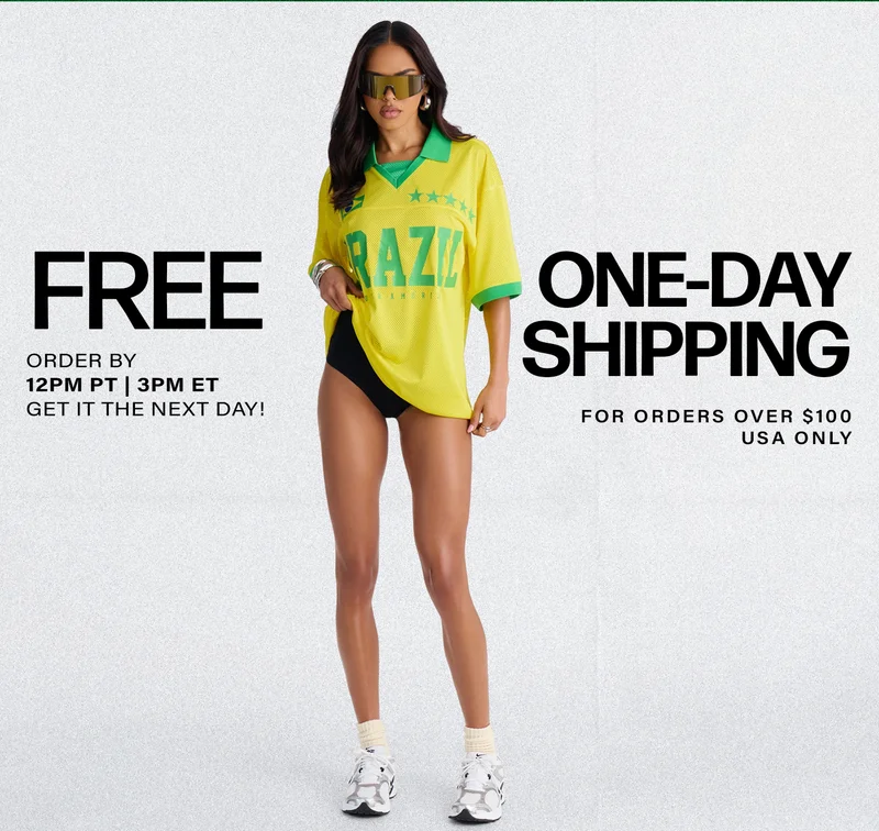 Woman in yellow Brazil soccer jersey & sunglasses. Free one-day shipping on $100+ USA orders. Next-day delivery available.