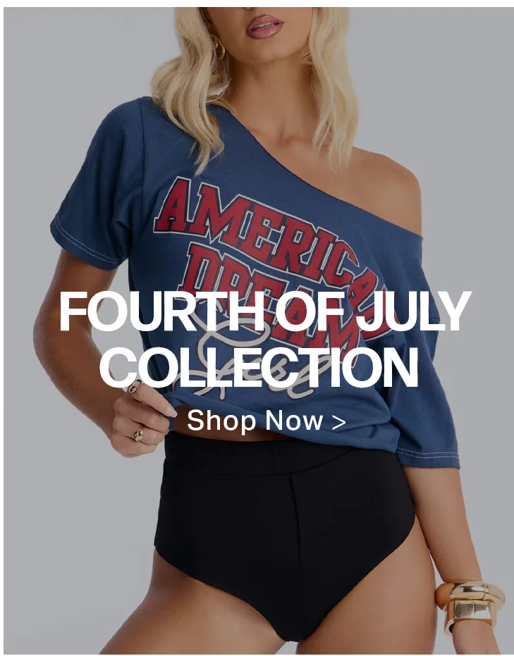 Fourth of July Collection: Woman in patriotic "American Dream" off-shoulder top & black shorts. Shop now.