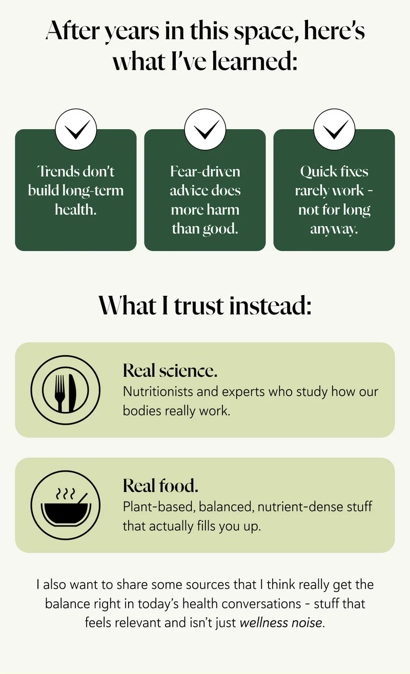 After years in this space, here’s what I’ve learned:  1. Trends don’t build long-term health.  2. Fear-driven advice does more harm than good.  3. Quick fixes rarely work – not for long anyway.  What I trust instead: ✅ Real science – nutritionists and experts who study how our bodies really work. ✅ Real food – plant-based, balanced, nutrient-dense stuff that actually fills you up. I also want to share some sources that I think really get the balance right in today’s health conversations - stuff that feels relevant and isn’t just wellness noise.
