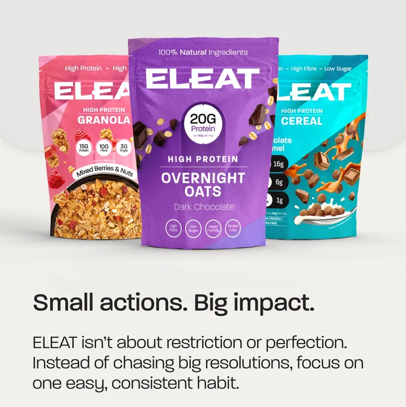 ELEAT isn’t about restriction or perfection. Instead of chasing big resolutions, focus on one easy, consistent habit.  A high-protein, high-fibre breakfast that’s ready in seconds can mean:  - Steadier energy - Fewer cravings - A calmer, more balanced start to the day  ELEAT is designed to make that 1% effortless–— no pressure, no perfection, just a simple daily win you can stick to.