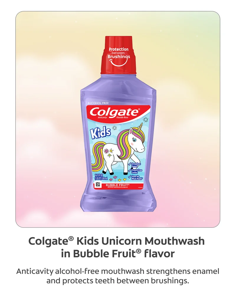 Colgate® Kids Unicorn Mouthwash in Bubble Fruit® flavor. Anticavity alcohol-free mouthwash strengthens enamel and protects teeth between brushings.