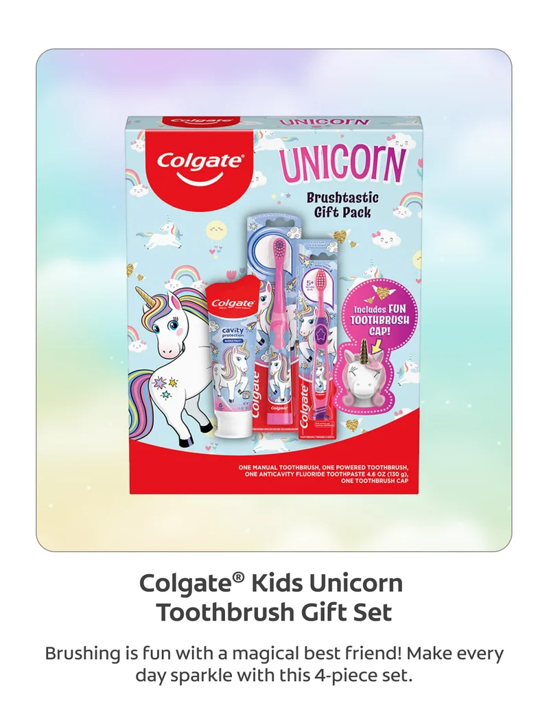 Colgate® Kids Unicorn Toothbrush Gift Set. Brushing is fun with a magical best friend! Make every day sparkle with this 4-piece set.