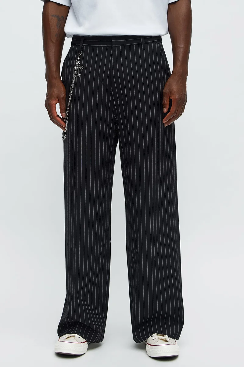 Image of Wide Leg Straight Striped Trousers - Black