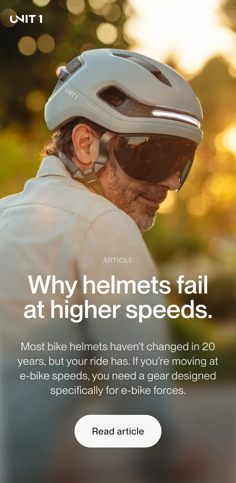 UNIT 1 helmet worn by a rider with headline “Why helmets fail at higher speeds”