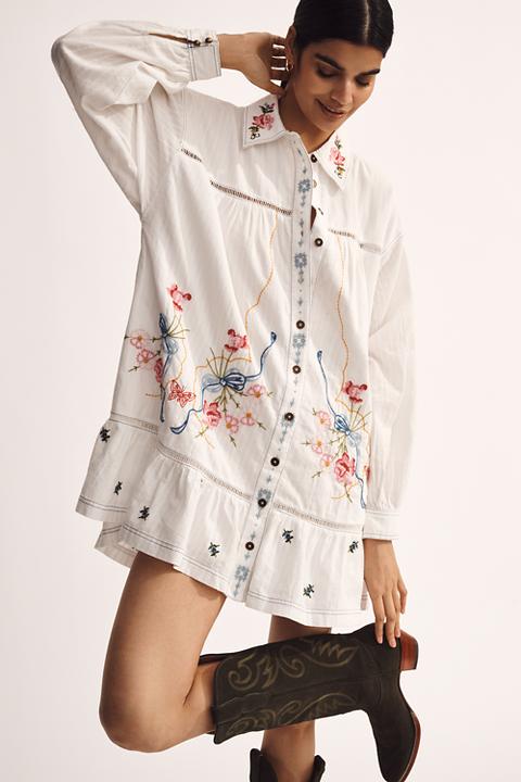 Pilcro Long Sleeve V-Neck Embroidered Swing Shirt Dress