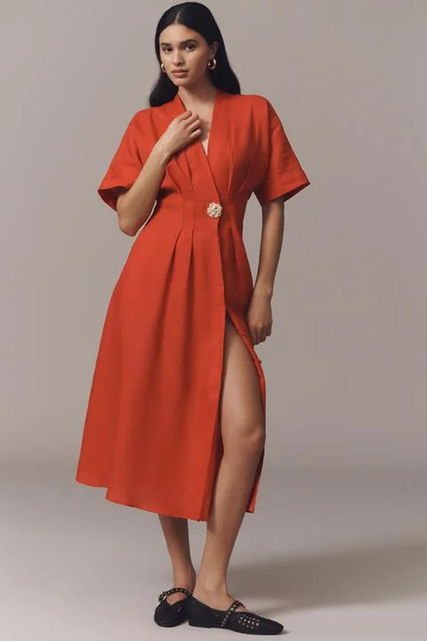 The Tobie Button-Front Pleated Shirt Dress by Exquise: Linen Edition