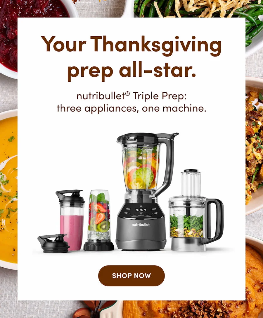 Image of the nutribullet Triple Prep and in the background a variety of meals