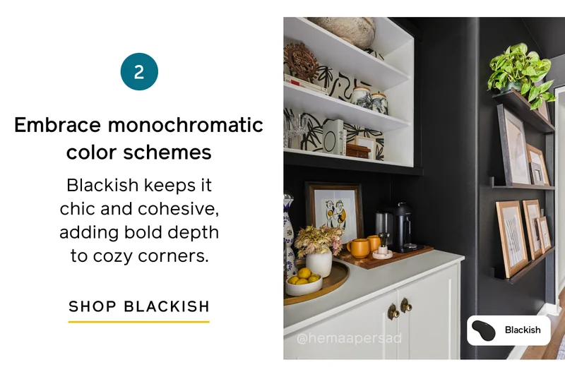 2. Embrace monochromatic color schemes. Blackish keep it chic and cohesive, adding bold depth to cozy corners. SHOP BLACKISH