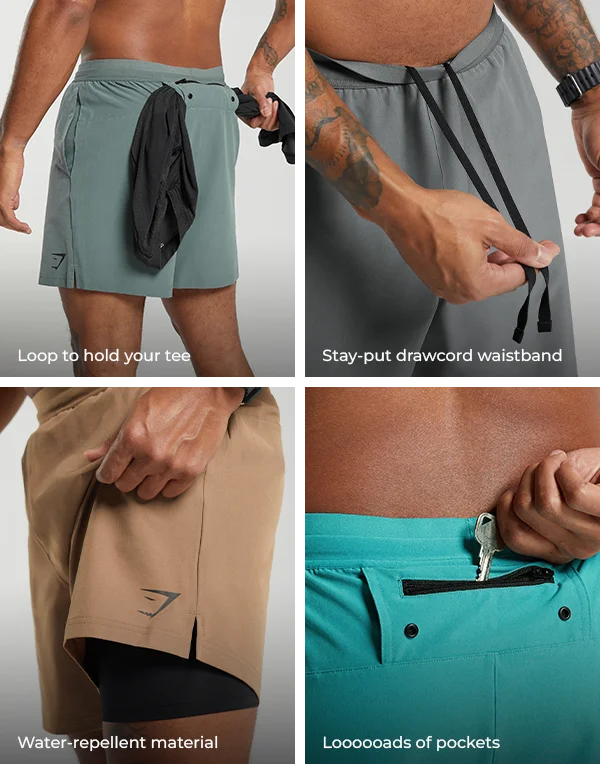 Loop to hold your tee. Stay-put drawcord waistband. Water-repellent material. Loooooads of pockets.