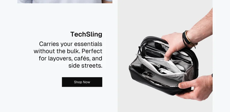 TechSling — Carries your essentials without the bulk. Perfect for layovers, cafés, and side streets.