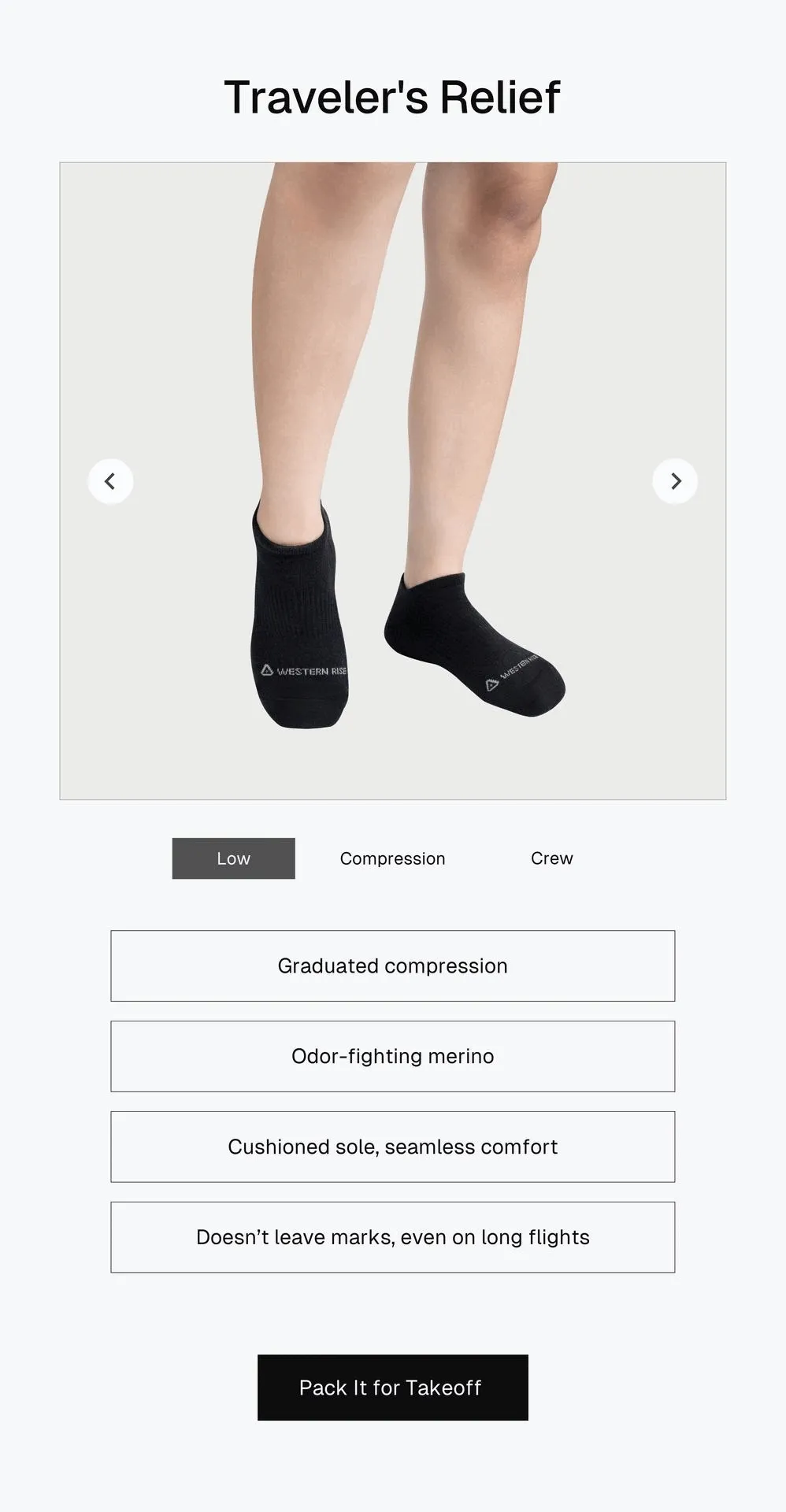 Traveler's Relief:  ✔ Graduated compression ✔ Odor-fighting merino ✔ Cushioned sole, seamless comfort ✔ Doesn’t leave marks, even on long flights