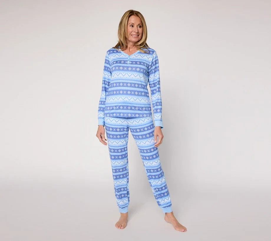 MUK LUKS Cloud Knit Henley and Jogger Printed Pajama Set