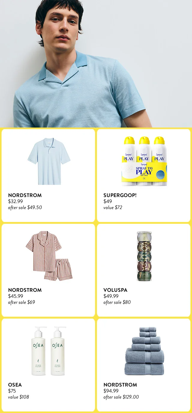 Nordstrom polo shirt. Supergoop sunscreen. Nordstrom short pajamas. Voluspa candle set. OSEA body balm duo. Nordstrom towel set.