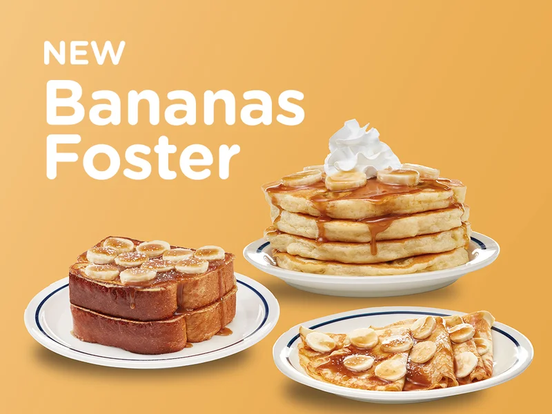 Three Bananas Foster items: pancakes, French Toast, and crepes.