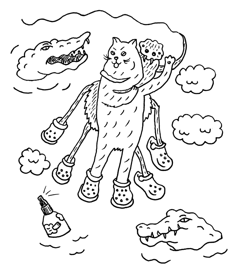 A black line drawing of a spider on the back of a cat, swinging together across water with alligators.