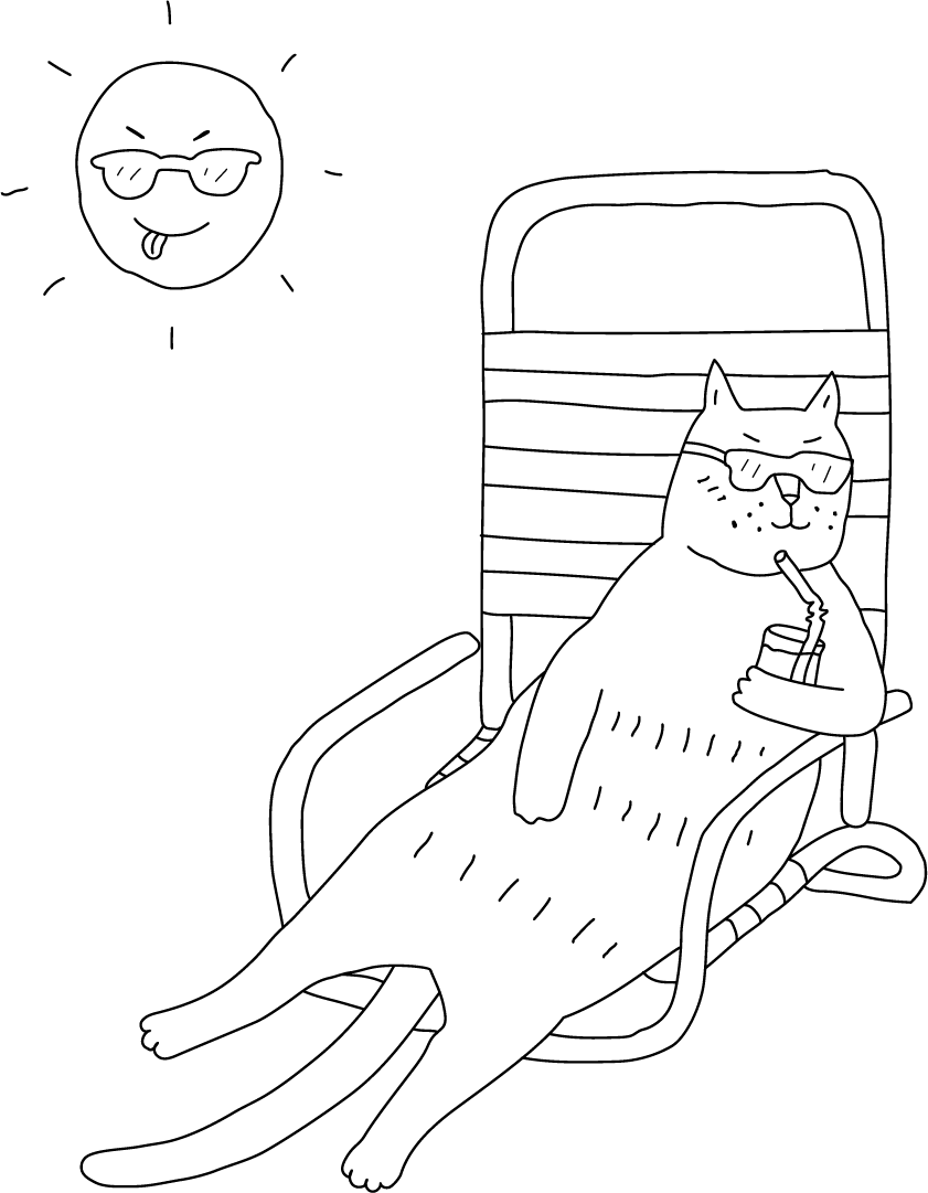 A black line drawing of a cat sunbathing on a lawn chair, drinking out of a straw.