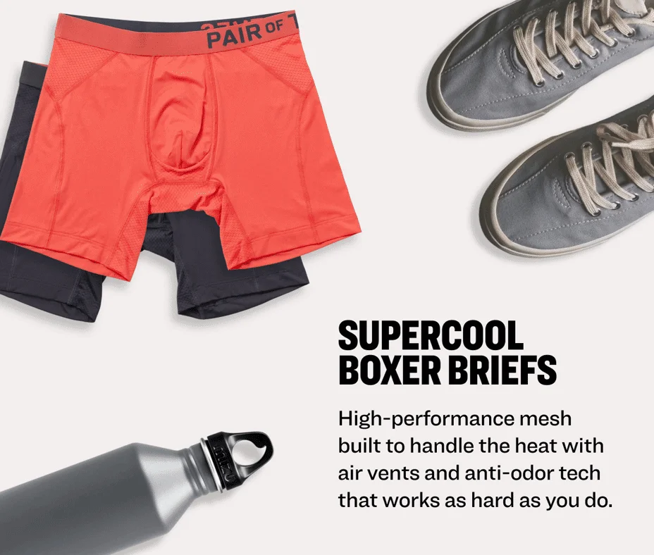 SuperCool Boxer Briefs. High-performance mesh built to handle the heat with air vents and anti-odor tech that works as hard as you do.