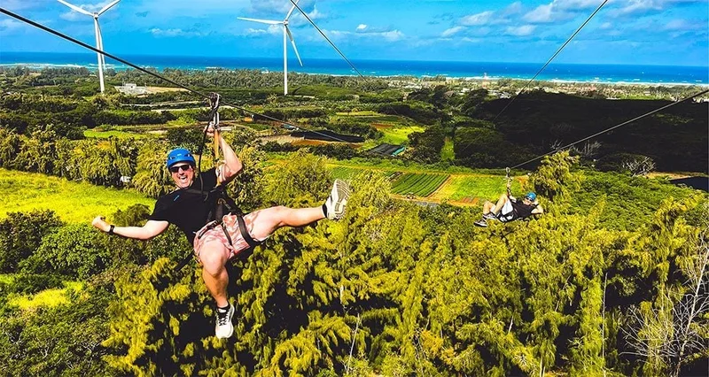 Image description: Two people ziplining with scenic views.