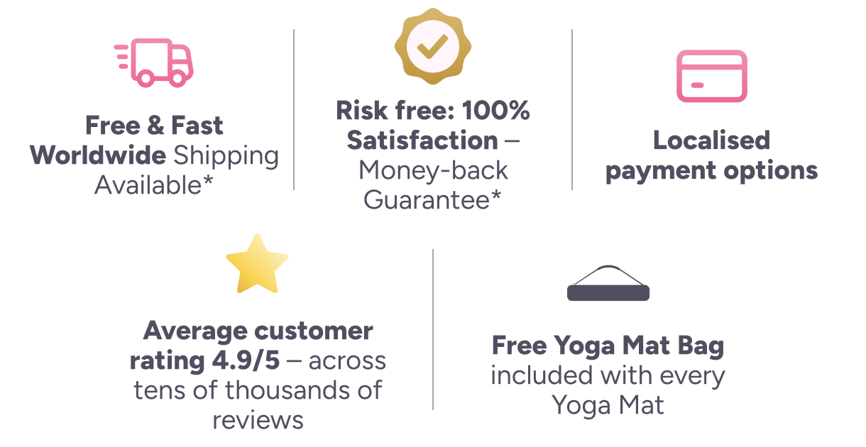 Risk free: 100% Satisfaction – Money-back Guarantee*; Free & fast delivery available – in 2-5 working days! Shipped locally from the US – no extra fees Average customer rating 4.9/5 – across tens of thousands of reviews Free Yoga Mat Bag included with every Yoga Mat