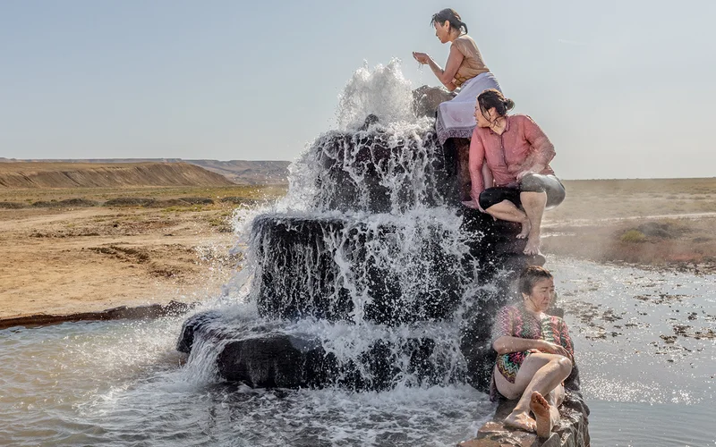 A thermal spring bubbles up through the otherwise parched lake bed of the former Aral Sea in Kazakhstan.
