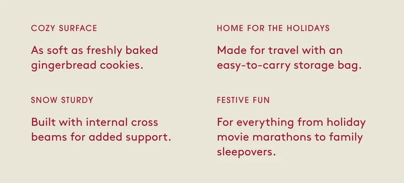 Cozy Surface, Home for the Holidays, Snow Sturdy, Festive Fun.