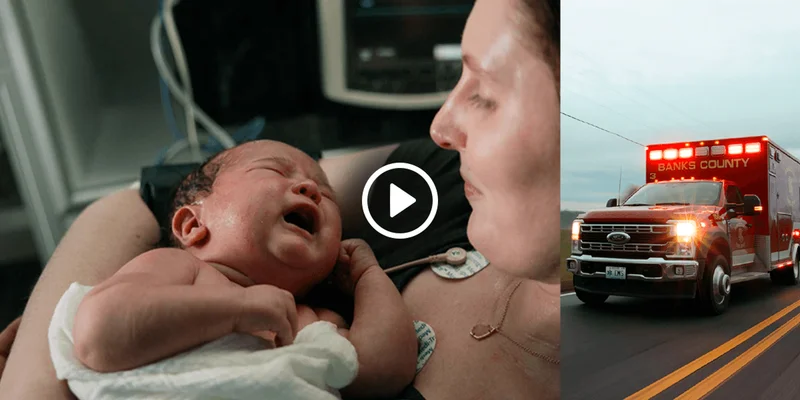 Two‑image collage with a play button in the foreground. Left image is of a woman holding a baby. Right image is of a Ford emergency vehicle.