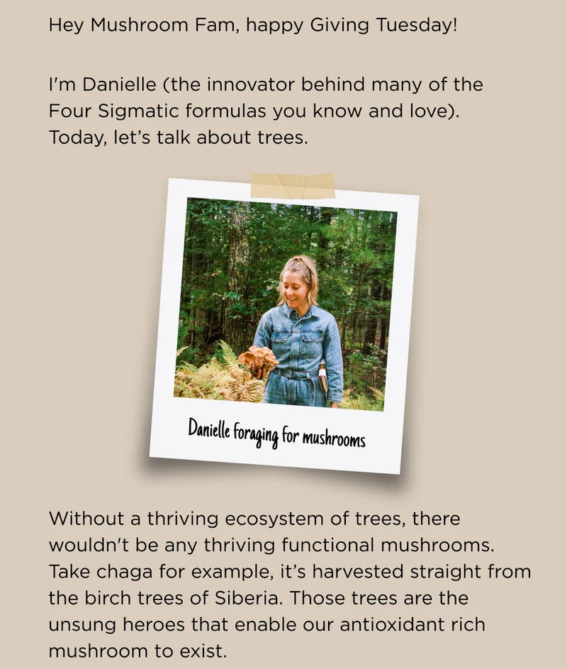 Hey Mushroom Fam, happy Giving Tuesday! I'm Danielle (the innovator behind many of the Four Sigmatic formulas you know and love). Today, let's talk about trees. Without a thriving ecosystem of trees, there wouldn't be any thriving functional mushrooms. Take chaga for example, it's harvested straight from birch trees of Siberia. Those trees are the unsung heroes that enable our antioxidant rich mushroom to exist.
