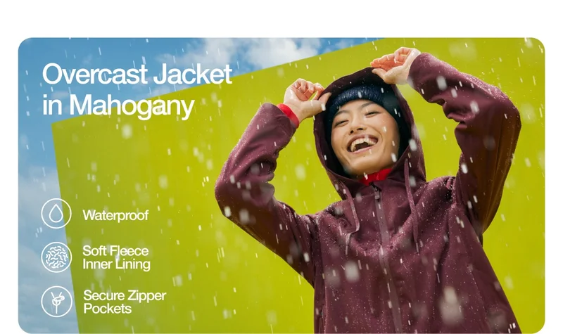 Overcast Jacket in Mahogany. Waterproof, Soft Fleece Inner Lining, Secure Zipper Pockets.