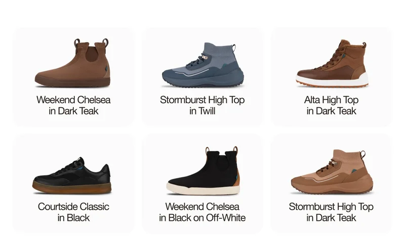 Weekend Chelsea in Dark Teak. Stormburst High Top in Twill. Alta High Top in Dark Teak. Courtside Classic in Black. Weekend Chelsea in Black on Off-White. Stormburst High Top in Dark Teak.